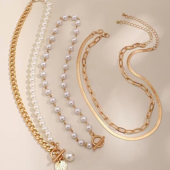 Gold Layered Necklace Set for Women Pearl Paperclip Chain Herringbone Jewelry - Picture 5 of 8